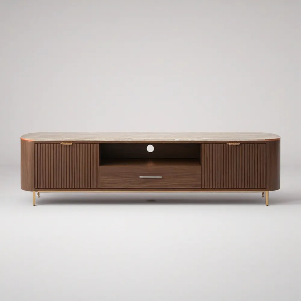 TV stolek 180 × 40 × 55 cm se 2 dvířky a zásuvkou, MDF s ořechovou dýhou, hnědý/bílý/zlatý
