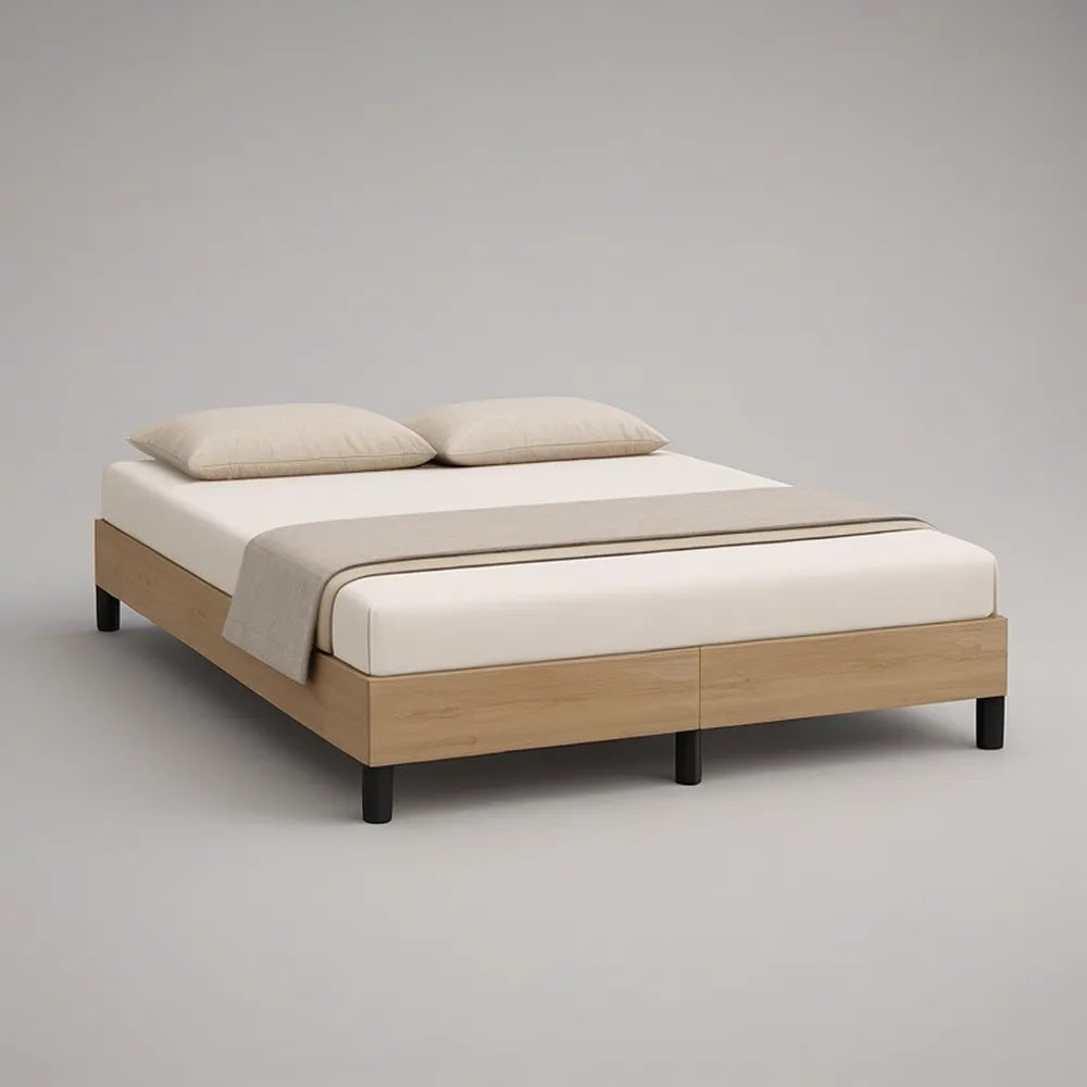 Manželský postelový rám 160 × 200 cm z MDF v dekoru přírodního dubu s černými ocelovými nohami