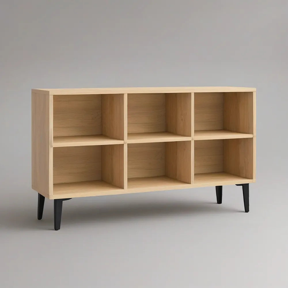 TV stolek se 6 otevřenými přihrádkami, 120 × 40 × 75 cm, přírodní dub a černé nohy