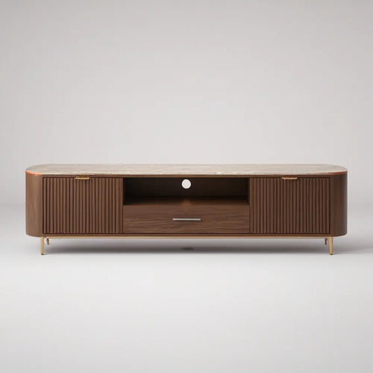 TV stolek 180 × 40 × 55 cm se 2 dvířky a zásuvkou, MDF s ořechovou dýhou, hnědý/bílý/zlatý