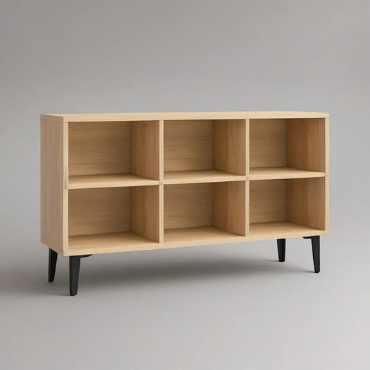 TV stolek se 6 otevřenými přihrádkami, 120 × 40 × 75 cm, přírodní dub a černé nohy