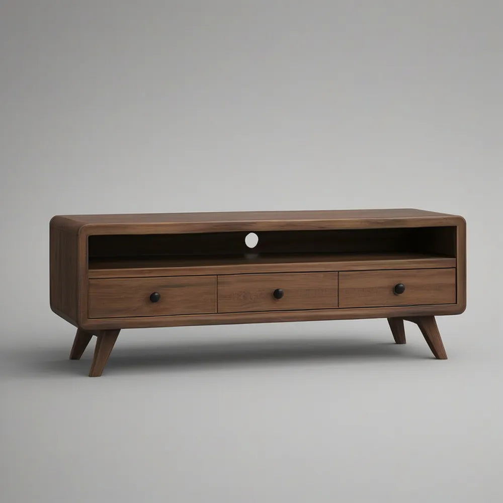TV stolek z MDF s ořechovou dýhou, 3 zásuvkami a otevřeným prostorem, hnědý/černý, 140 × 40 × 55 cm