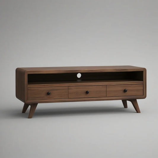 TV stolek z MDF s ořechovou dýhou, 3 zásuvkami a otevřeným prostorem, hnědý/černý, 140 × 40 × 55 cm